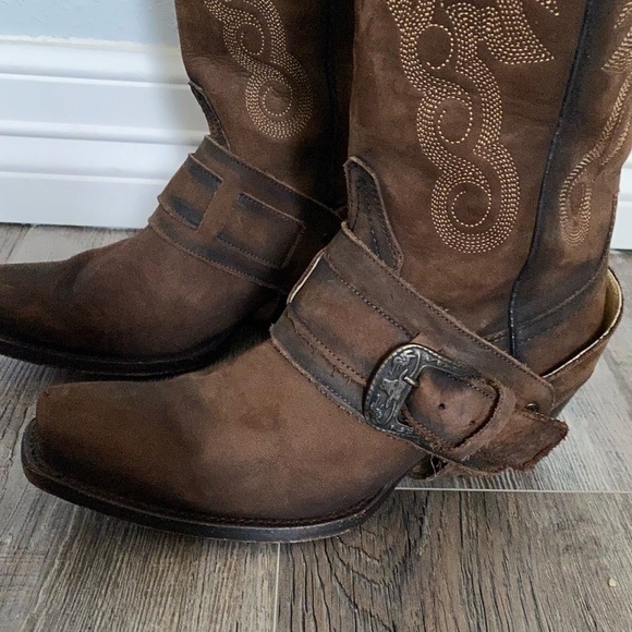 Rudel Womens Brown Leather Western Cowboy Harness Buckle Boots Square Toe 4.5E - Picture 3 of 12